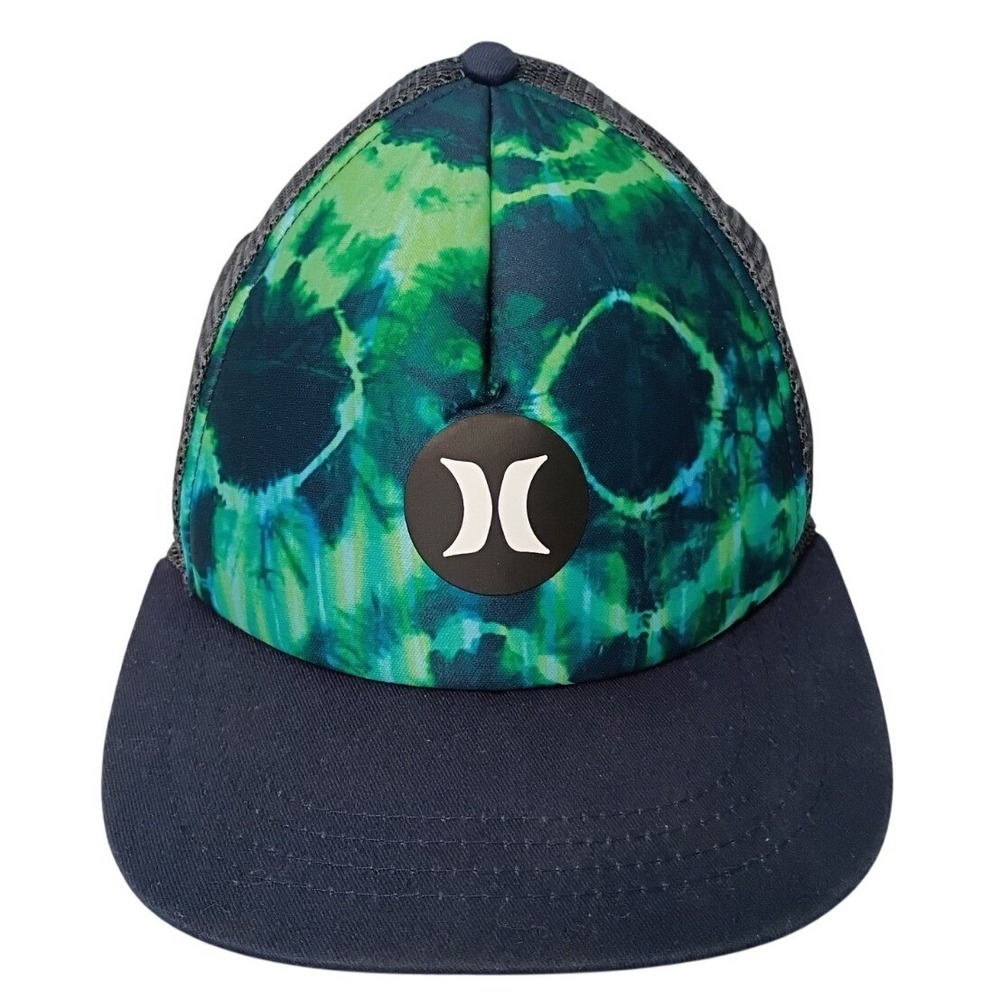 Hurley Mens Snapback Tie-Dye Flat Bill Trucker Hat Navy Green Mesh Adjustable